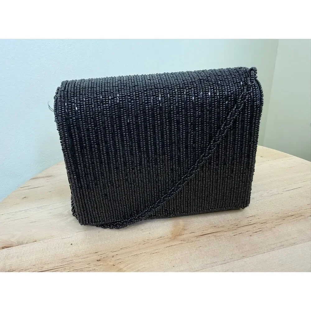 Vintage Mes‎ Ami Black Beaded Evening Bag Clutch Crossbody 1980s 1990s